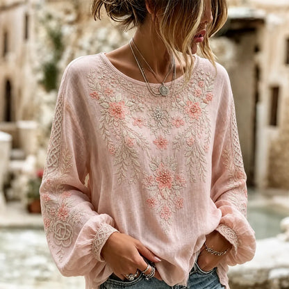 Women's Retro Floral Gradient Cotton Linen V-neck Long-sleeve Cotton Linen T-shirt