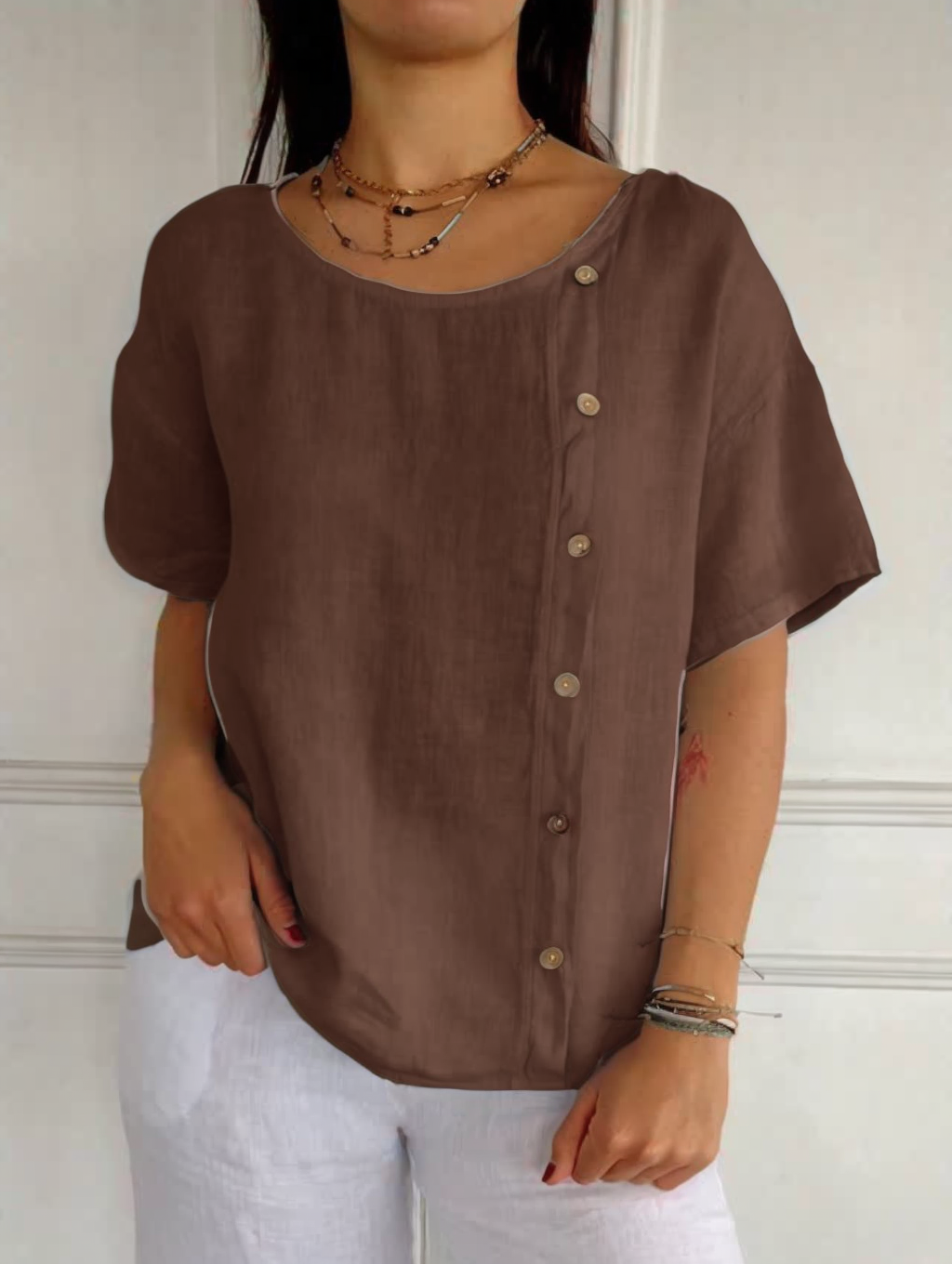 Casual Cotton Linen Side Buttons Tops