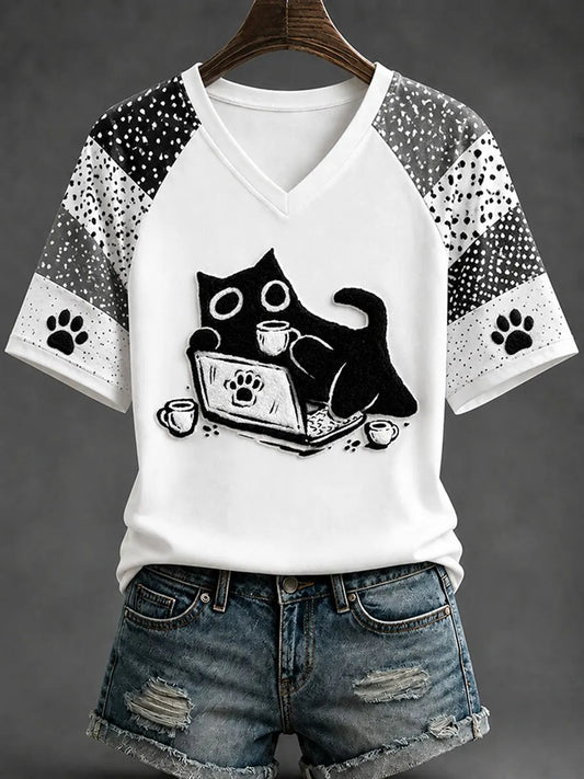 Women's Fun Black Cat Print T-Shirts