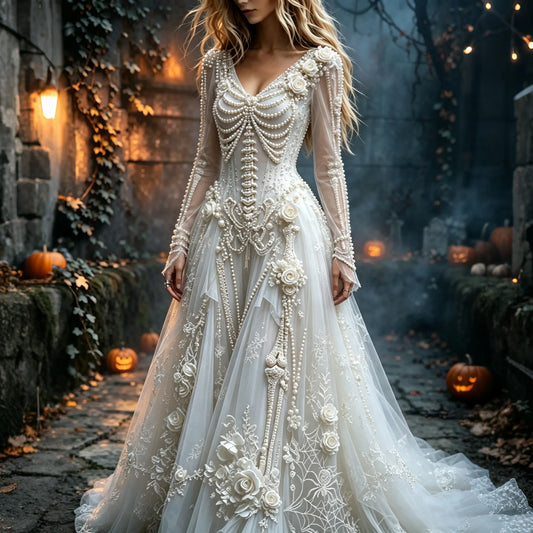 Women's Halloween Gothic Skeleton & Floral Long-sleeve Maxi Dress
