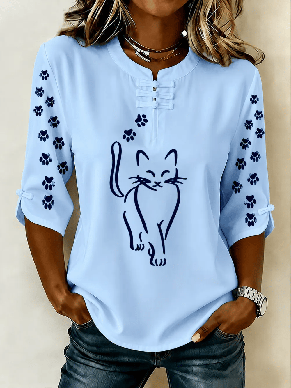 Women's Cute Cat Print Button-Up Top