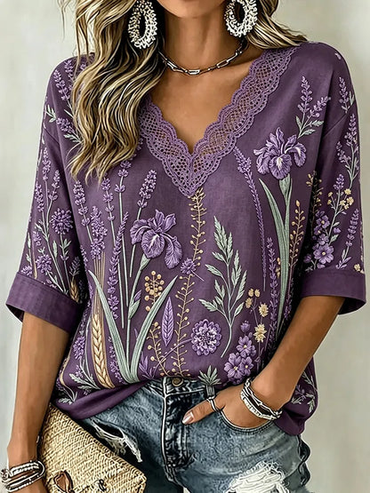 Women's Retro Purple Floral Art V-neck Cotton Linen Short-sleeved T-shirt