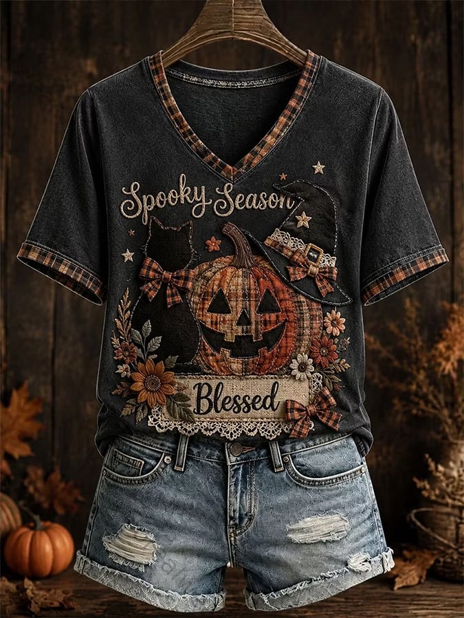 Women's Halloween Scary Pumpkin Face Cat Art Print Top