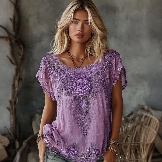 Women's Vintage Rose Embroidery Art Crew Neck Linen Blend T-shirt