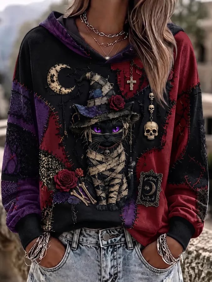 Women's Halloween Cat Print Hoodie
