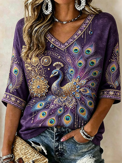 Women's Bohemian Phoenix Floral Vacation Short-sleeve Cotton Linen T-shirt