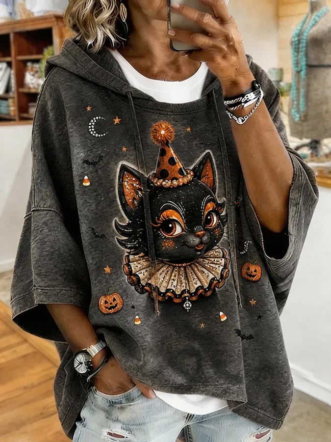 Women's Halloween Cat Print Hoodie