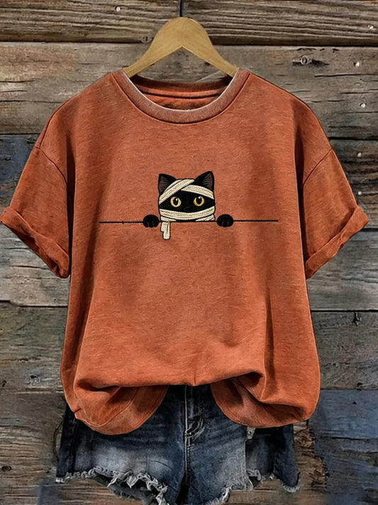 Women's Funny Mummy Cat Pattern Casual Halloween T-shirt