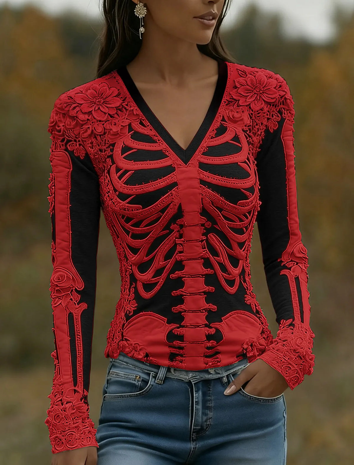 Women's Halloween Skeleton Bones With Roses Art Casual Long Sleeve V Neck T-shirt