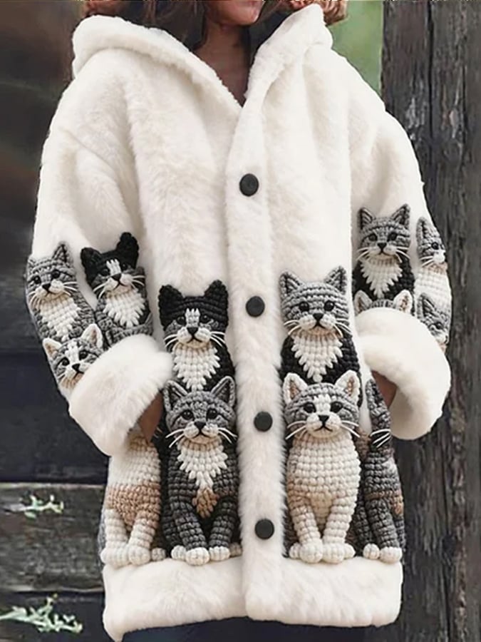 Women's Animal  Fun Cat Print Flannel Warm Jacket