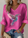 Women's Casual Breast Cancer Pink Hummingbird Ribbon Print Long Sleeve T-shirt