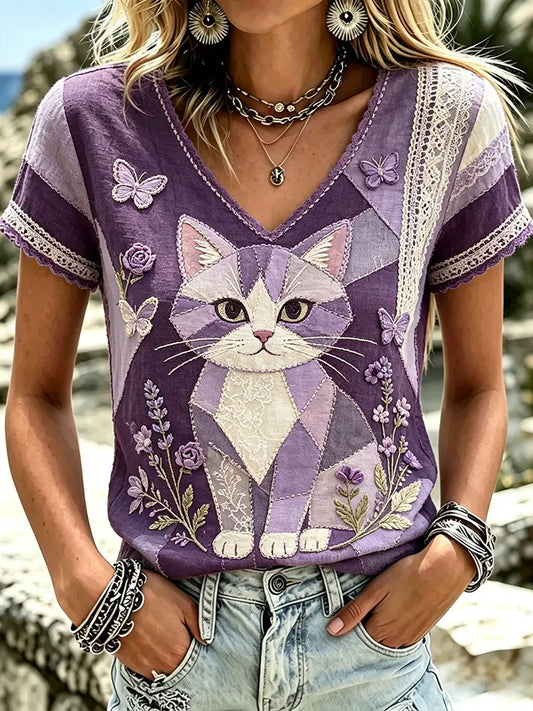 Women's Geometric Cat And Floral Art Patchwork Cotton Linen V-neck Short-sleeved Top