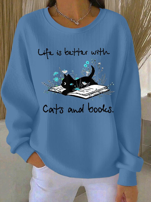 Women's "Life Is Better With Cats And Books." Printed Knit Crew Neck Long Sleeve Top