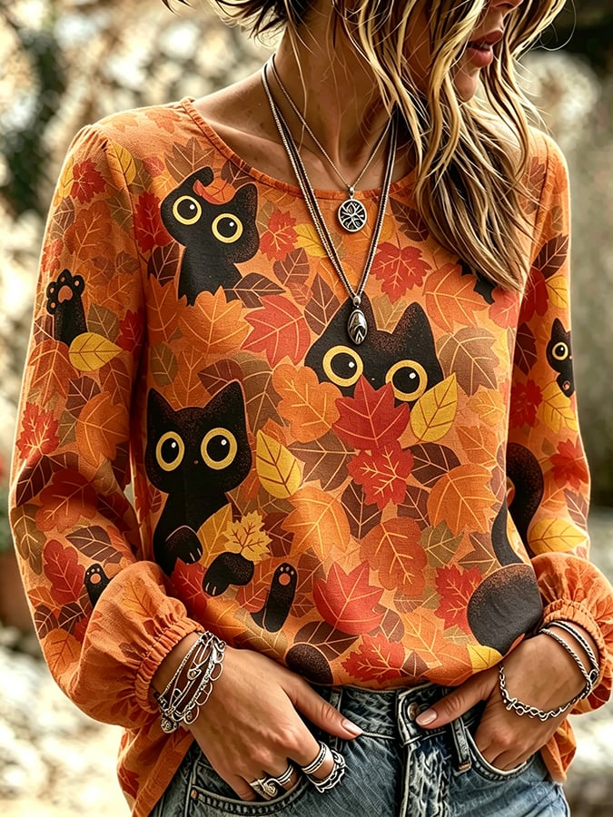 Women'S Casual Autumn Cat-Print Top