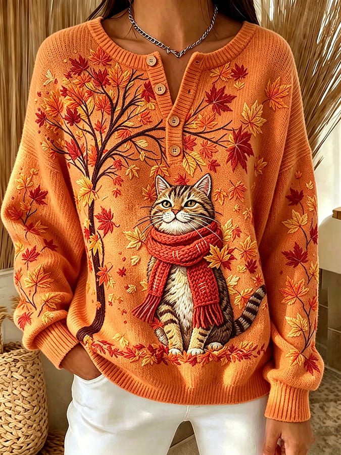 Women's Casual Print Button-Up Collar Knit Top