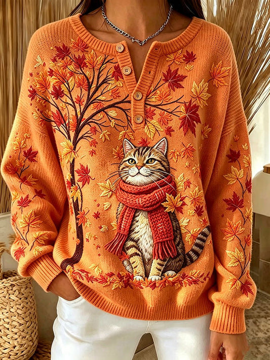 Women's Casual Print Button-Up Collar Knit Top