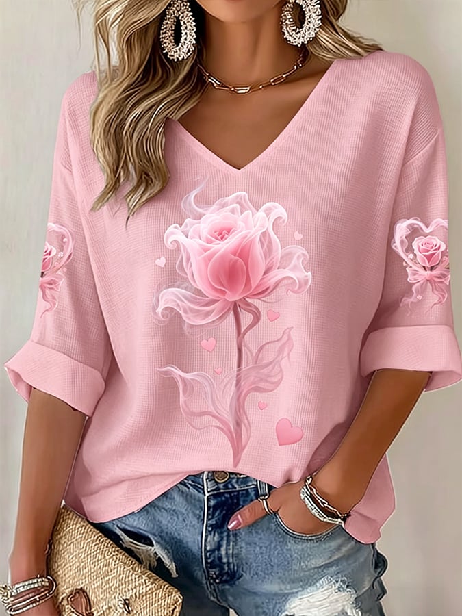 Women's  Print Casual Waffle Fabric T-Shirt