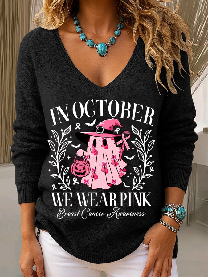 Women's Breast Cancer Awareness In October We Wear Pink Print Long Sleeve Knit Top