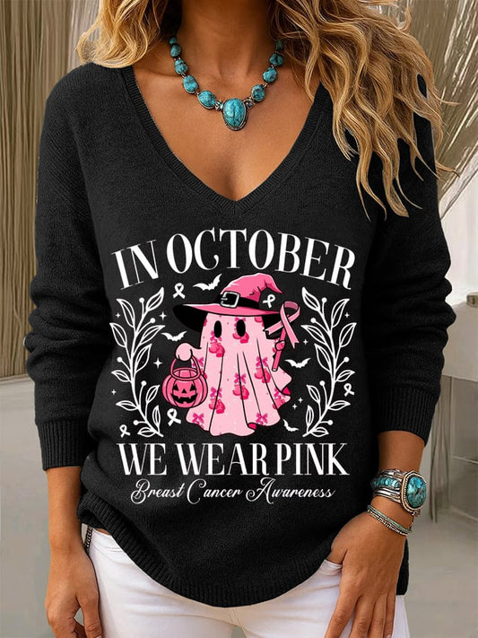 Women's Breast Cancer Awareness In October We Wear Pink Print Long Sleeve Knit Top