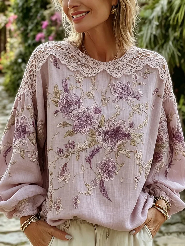 Women's Retro Purple Floral Embroidery Cotton Linen Round Neck Long Sleeve Top