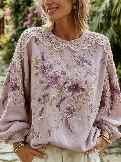 Women's Retro Purple Floral Embroidery Cotton Linen Round Neck Long Sleeve Top