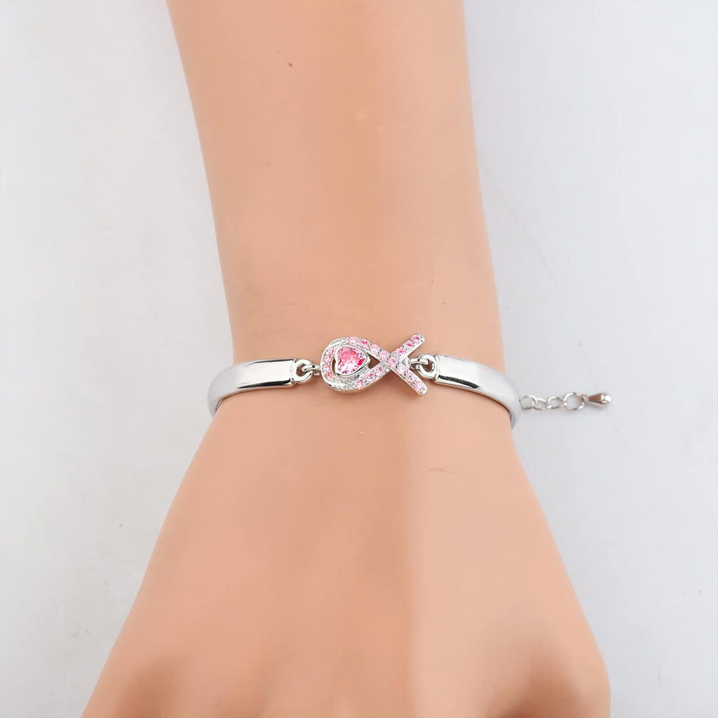 Breast Cancer Awareness Pink Heart Ribbon Bracelet
