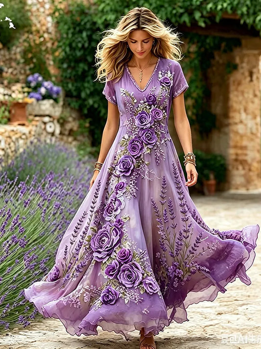Women's Purple Rose Lavender Print Alzheimer's Awareness V Neck Dress