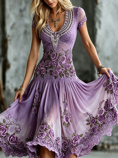 Women's Elegant Retro Purple Rose Embroidery Art V Neck Midi Dress