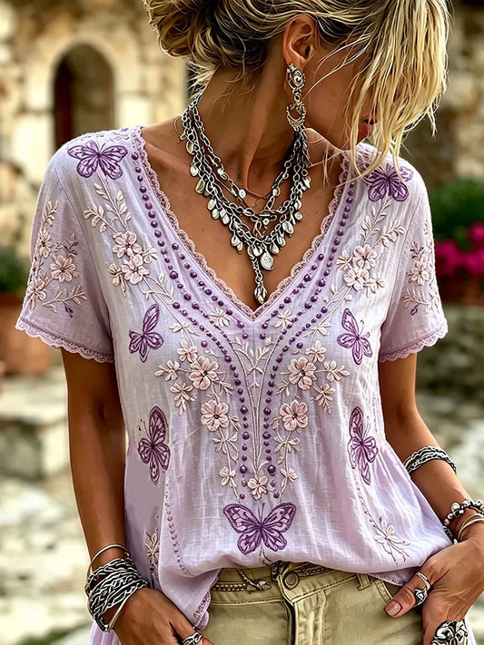Women’s Vintage Boho Lavender Butterfly Embroidery Short Sleeve V Neck Top