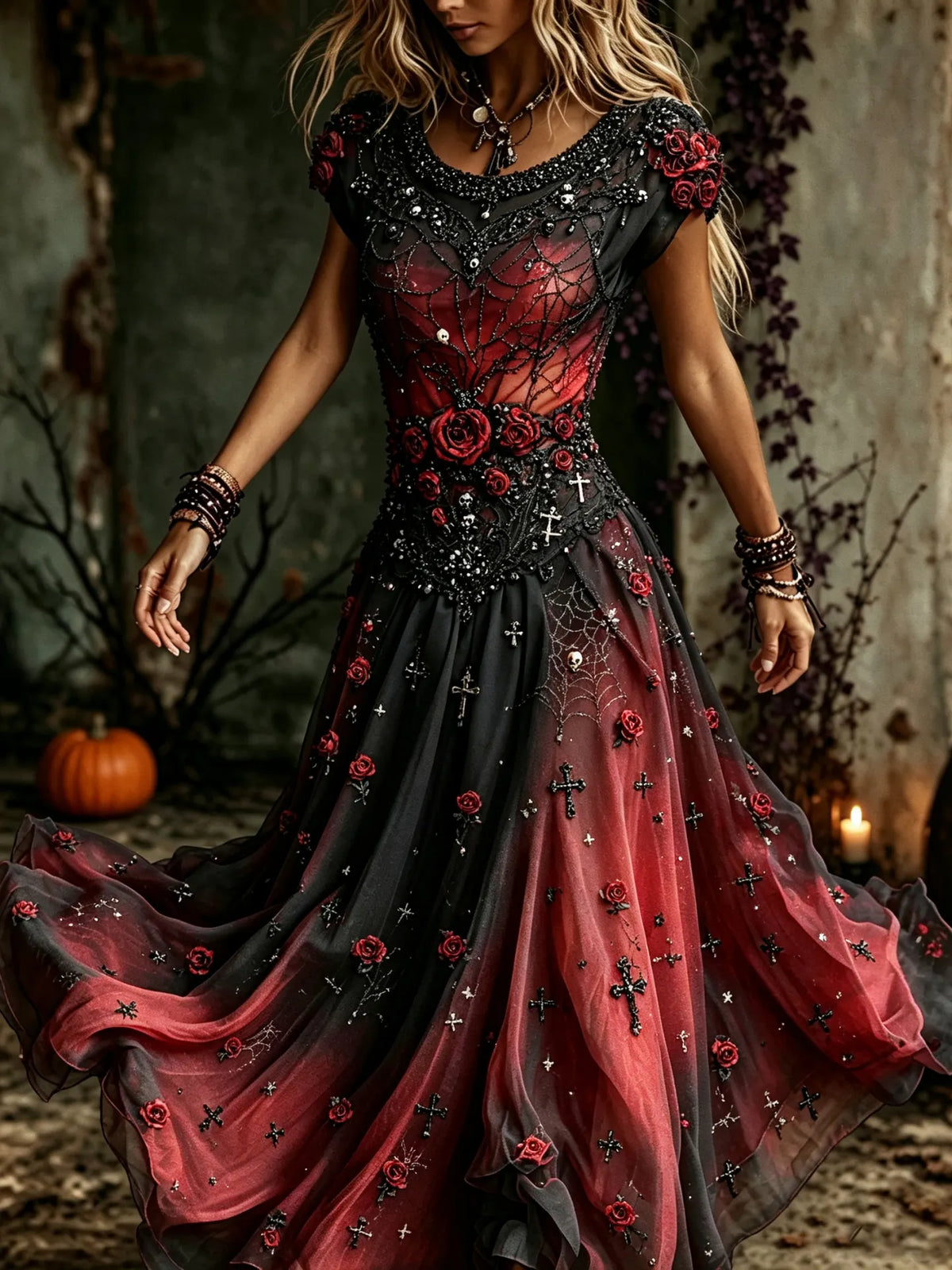 Women's Vintage Halloween Rose Art Crew Neck Short Sleeve Maxi Dress