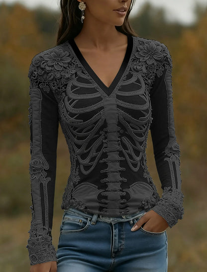 Women's Halloween Skeleton Bones With Roses Art Casual Long Sleeve V Neck T-shirt