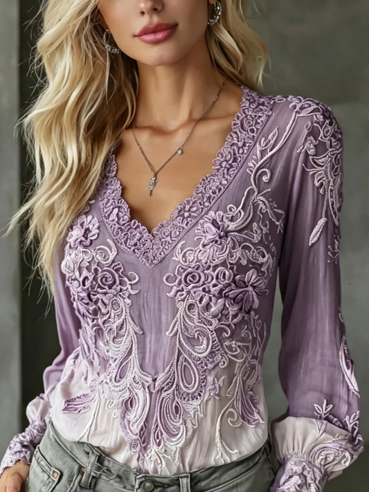 Women's Retro Floral Embroidery Casual Cotton Linen V-neck Long-sleeve T-shirt
