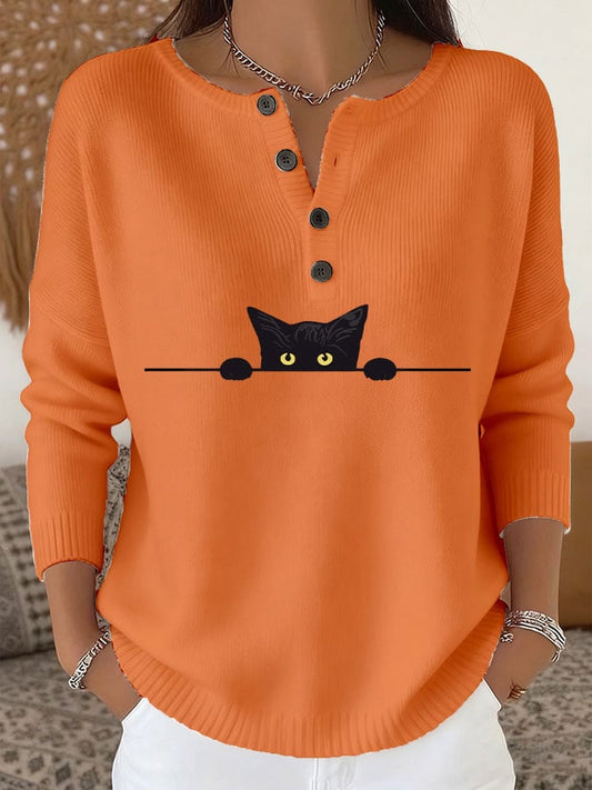 Women's Casual Cat Print Knit Top