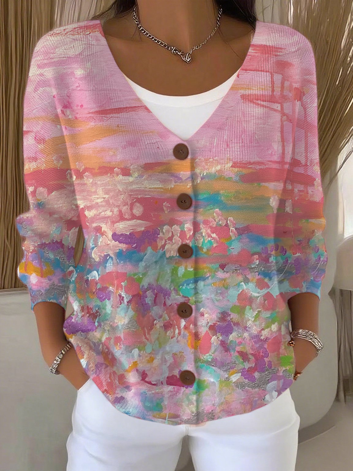 Women's Casual Pink Oil Painting Cardigan