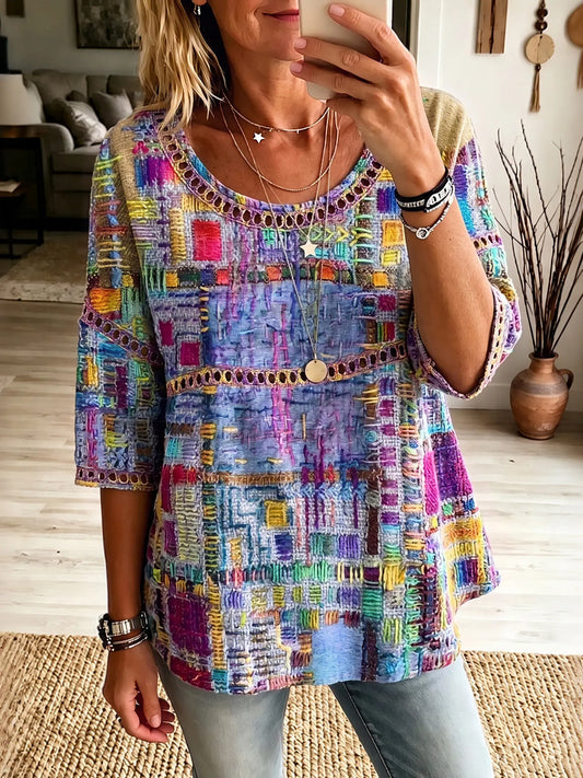 Women's Vintage Tribal Purple Art Flowy Linen Blend Three-quarter Sleeve Casual Tops