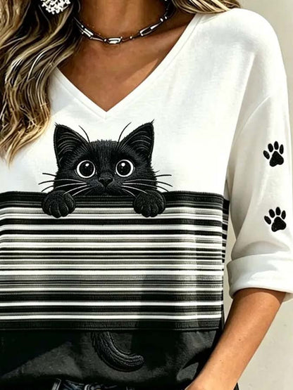 Women'S Casual Cat-Print Top