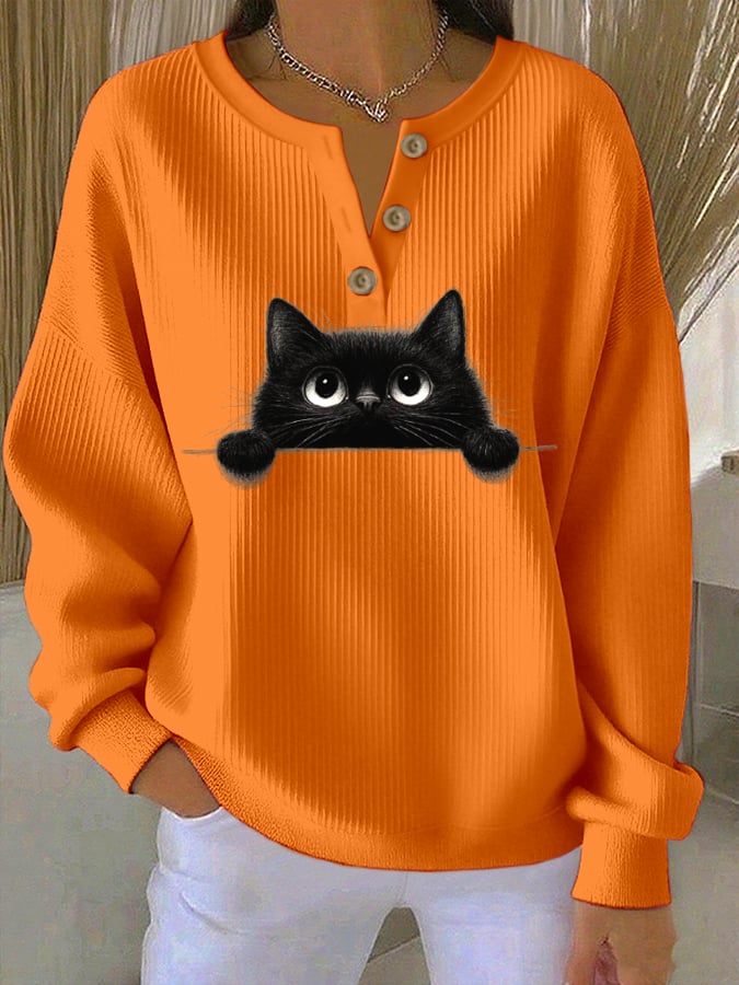 Women's Cat Print Knitted Crew Neck Long Sleeve Top