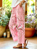 Women's Breast Cancer Flowers and Birds Print Cotton-Linen Trousers