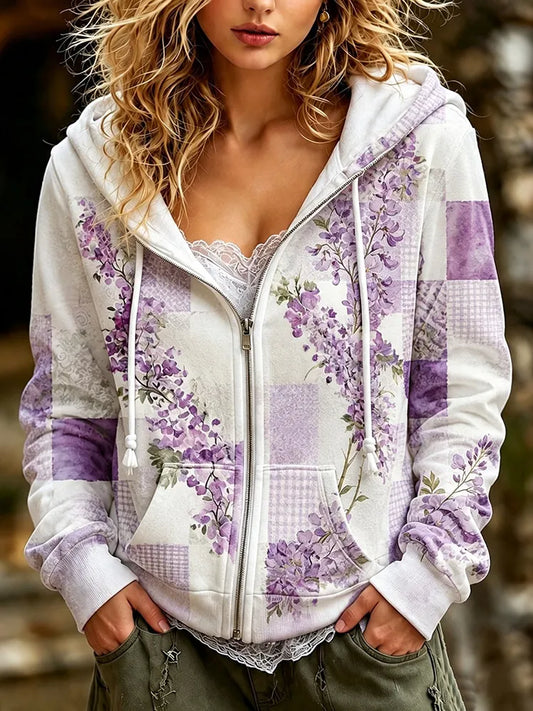 Women's Retro Bohemian Floral Patchwork Print Casual Zipper Hooded