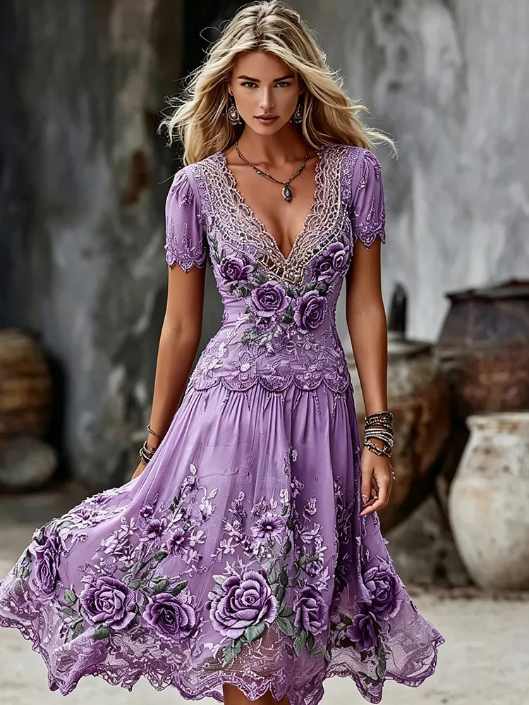 Women's Elegant Retro Purple Rose Embroidery Art V Neck Short Sleeve Midi Dress