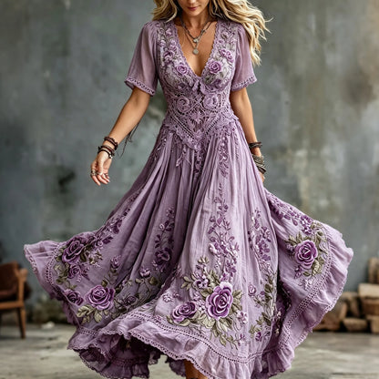 Women's Vintage Rose Embroidered Art V-neck Short Sleeve Flowy Maxi Dress