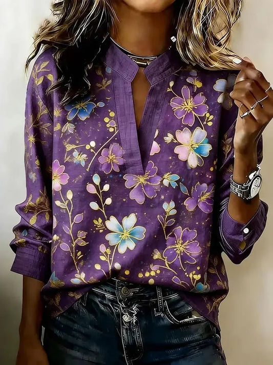 Women's Retro Purple Floral Art Cotton Linen V-neck T-shirt