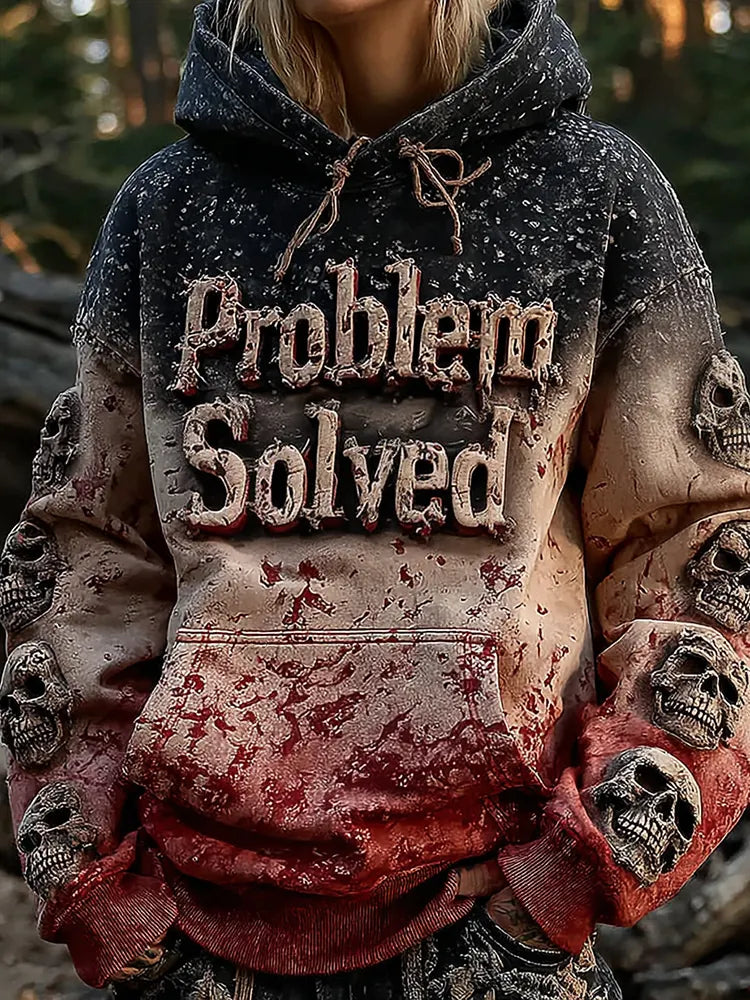 Unisex Vintage Bloody "problem Solved" With Skull Art Hoodie