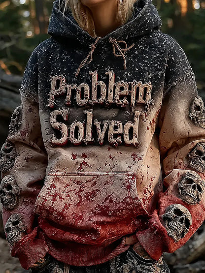 Unisex Vintage Bloody "problem Solved" With Skull Art Hoodie