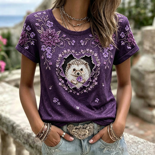 Women's Vintage Hedgehog And Floral Art Pattern Round Neck Short Sleeve T-shirt