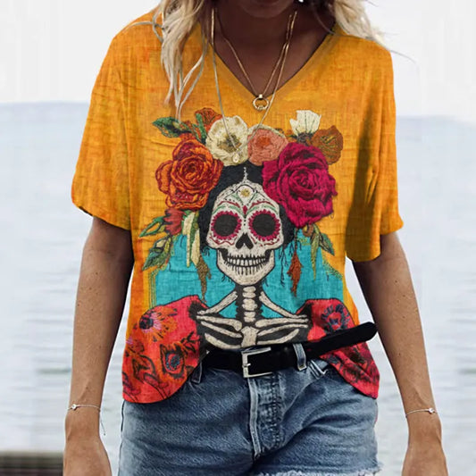 Mexican Day Of The Dead Sugar Catrina Inspired Art Painting V-Neck T-Shirt