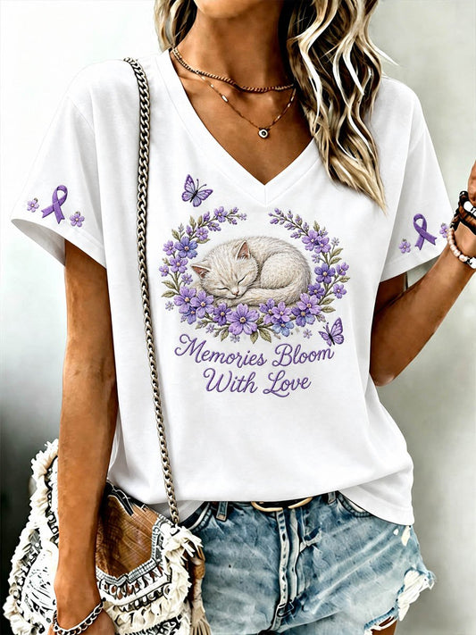 Women's Alzheimer's Awareness Floral Cat Print V-Neck T-Shirt