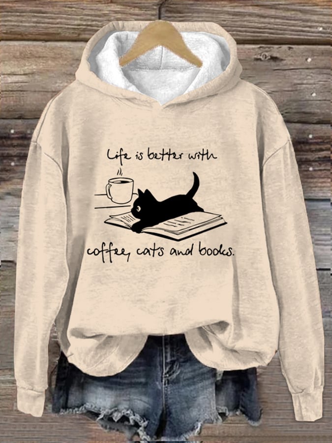Women's Coffee Cat And Book Print Hoodie