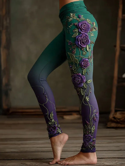 Women's Retro Rose Floral Gradient Pattern Casual Leggings