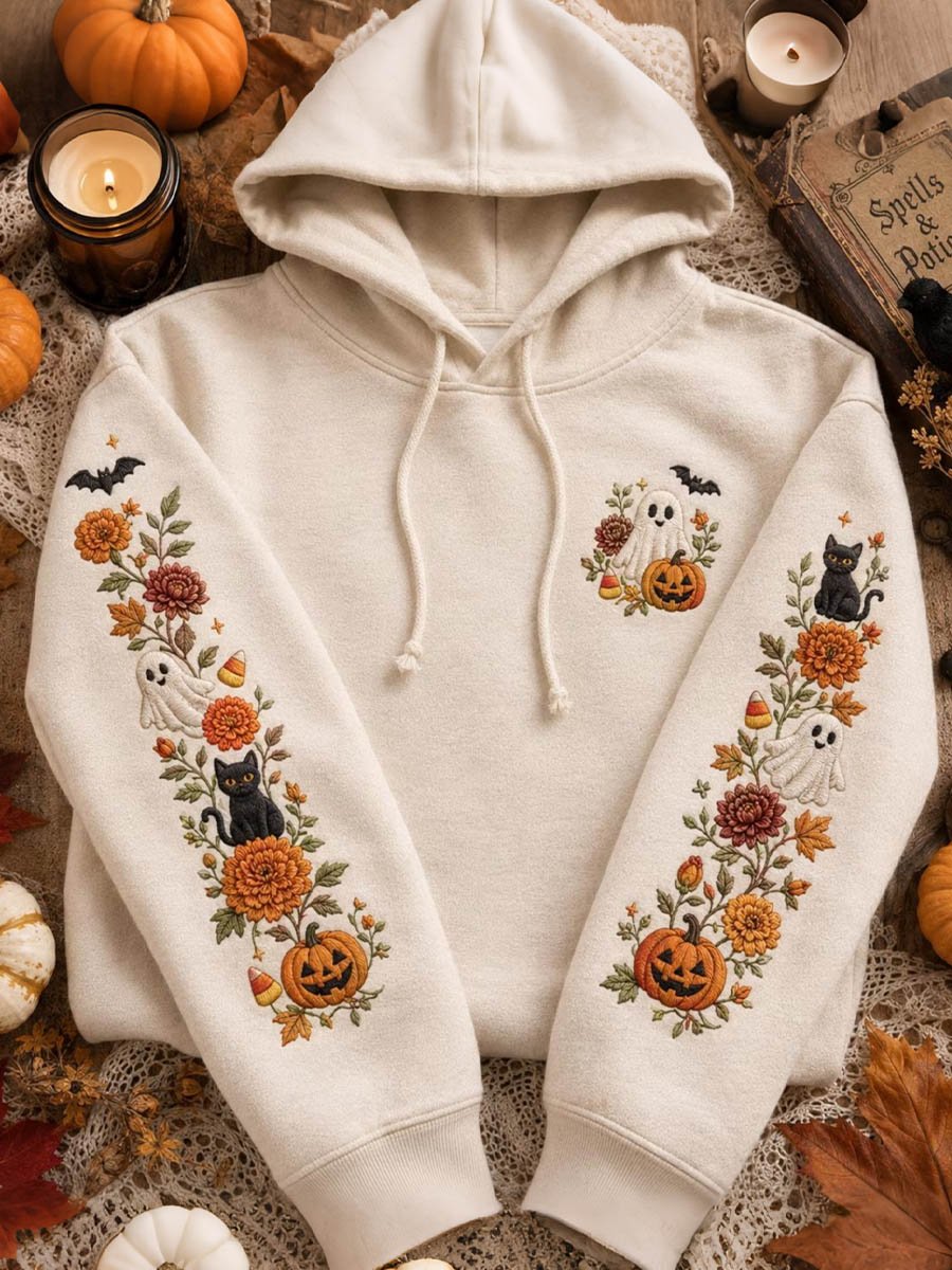 Women's Halloween Floral Pumpkin Black Cat Ghost Hooded Top